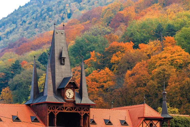 Romania, Brasov. Poarta Schei district. Clock Tower in autumn.