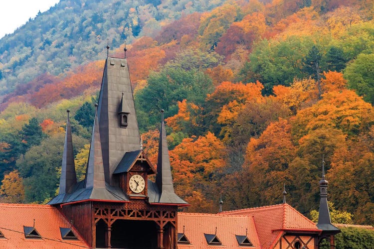 Romania, Brasov. Poarta Schei district. Clock Tower in autumn. by Emily Wilson wall art
