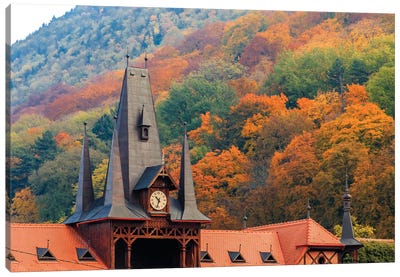 Romania, Brasov. Poarta Schei district. Clock Tower in autumn. Canvas Art Print