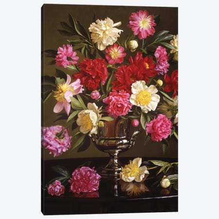 Colored Peonies In A Silver Urn Canvas Print #EWL16} by Evan Wilson Canvas Print