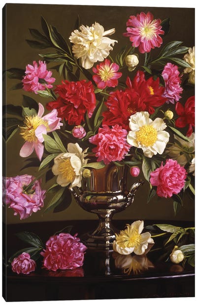 Colored Peonies In A Silver Urn Canvas Art Print - An Ode to Objects