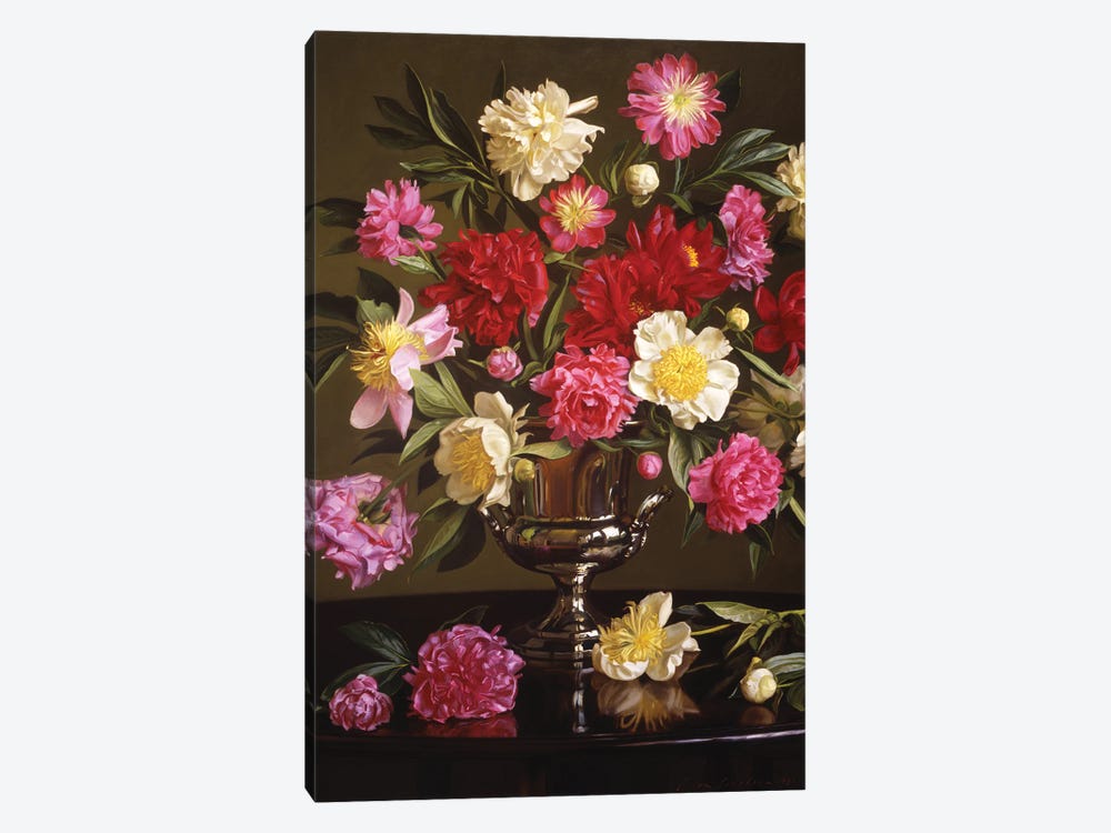 Colored Peonies In A Silver Urn by Evan Wilson 1-piece Canvas Print