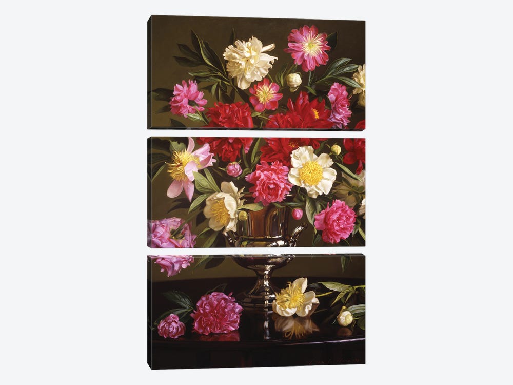 Colored Peonies In A Silver Urn by Evan Wilson 3-piece Canvas Print