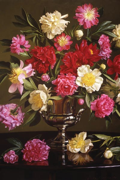 An Ode To Objects: Colored Peonies In A Silver Urn by Evan Wilson