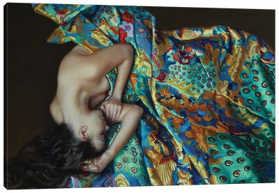 Girl In A Blue And Green Kimono Canvas Art Print - Sleeping & Napping Art