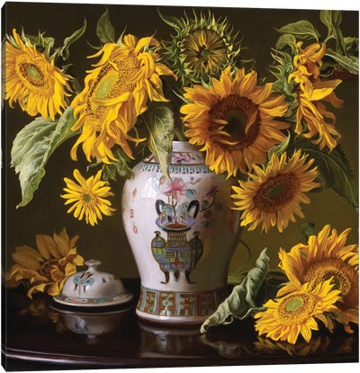Sunflowers In A Chinese Urn Canvas Art Print - An Ode to Objects