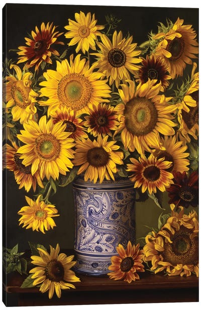 Sunflowers In An Italian Urn Canvas Art Print - Pottery Still Life
