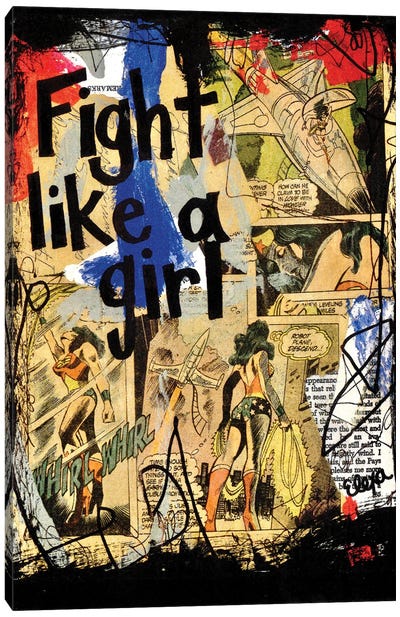 Fight Like A Girl Wonder Woman Canvas Art Print - Pop Collage