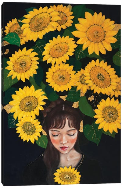 Sunflower Girl Canvas Art Print - Yellow Art