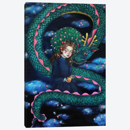 Camellia Girl With A Blue Dragon In Clouds Canvas Print #EYK71} by Eury Kim Canvas Wall Art