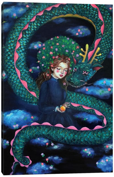 Camellia Girl With A Blue Dragon In Clouds Canvas Art Print - Pop Surrealism & Lowbrow Art