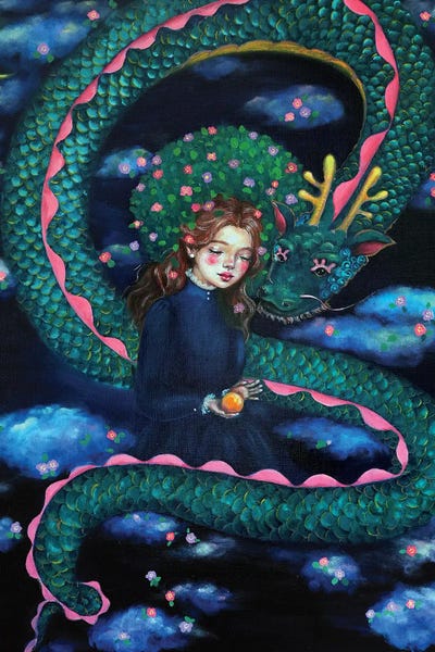 Dragons: Camellia Girl With A Blue Dragon In Clouds by Eury Kim