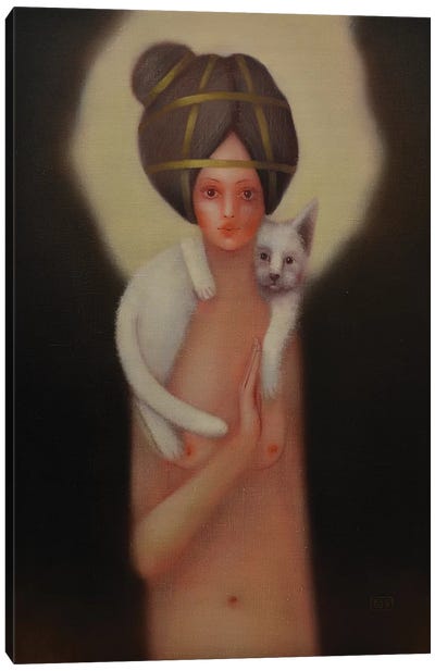 Girl And A White Cat Canvas Art Print - Eduard Zentsik