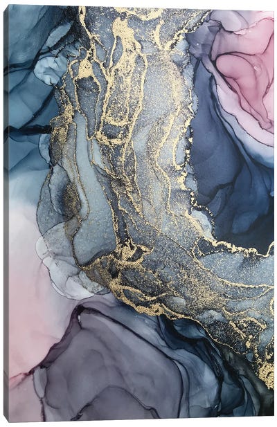 Blush, Paynes Gray And Gold Metallic Abstract Canvas Art Print - Glam Bedroom Art