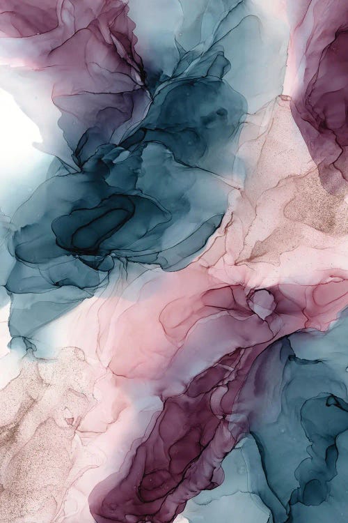 Pastel Plum, Deep Blue, Blush And Gold Flowing Abstract