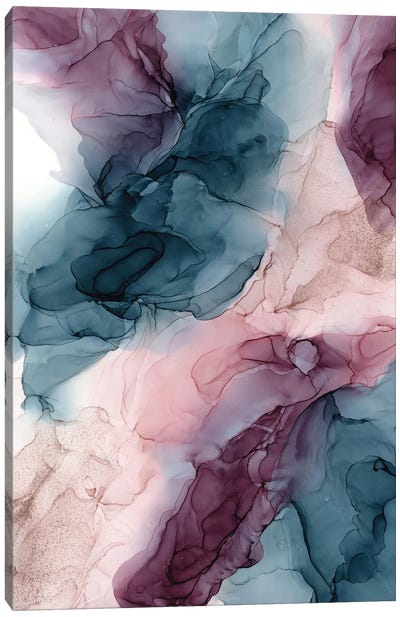 Pastel Plum, Deep Blue, Blush And Gold Flowing Abstract Canvas Art Print - Alcohol Ink Art