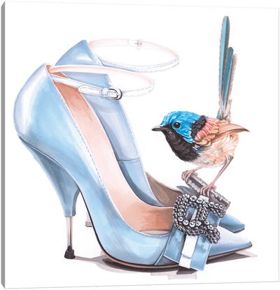 Fairy Wren On Rochas Shoes Canvas Art Print - Elizaveta Molchanova