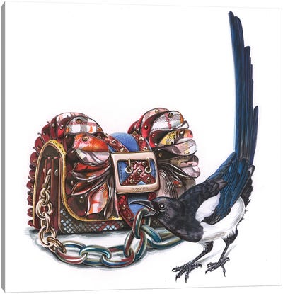 Magpie With Burberry Bag Canvas Art Print - Elizaveta Molchanova