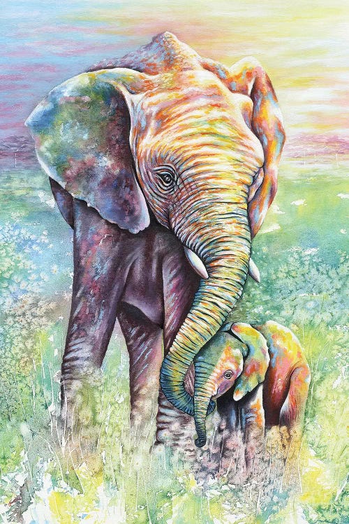 Mother & Baby Elephant Rainbow Colors