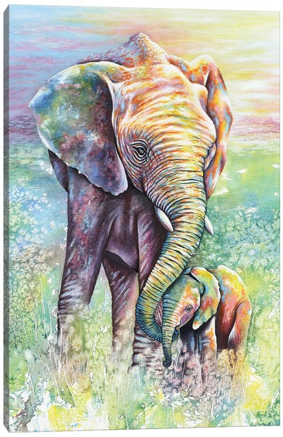 Mother & Baby Elephant Rainbow Colors Canvas Art Print - Family & Parenting Art