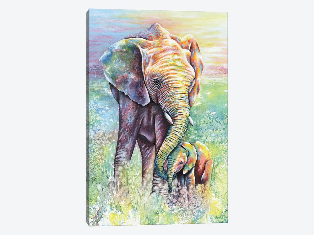 Mother & Baby Elephant Rainbow Colors by Michelle Faber 1-piece Art Print