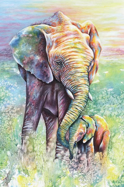 Elephants: Mother & Baby Elephant Rainbow Colors by Michelle Faber