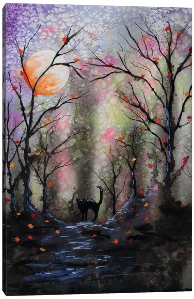 Black Cat In Forest Canvas Art Print - Halloween Art