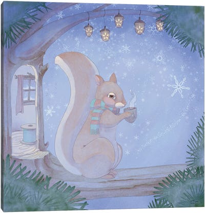Cozy Squirrel Canvas Art Print - Home for the Holidays