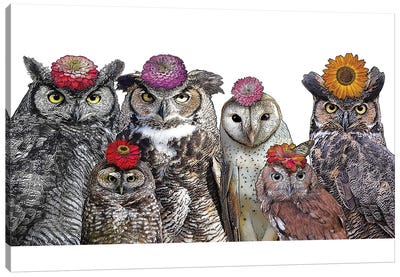 Owls With Flowers Canvas Art Print - Owl Art