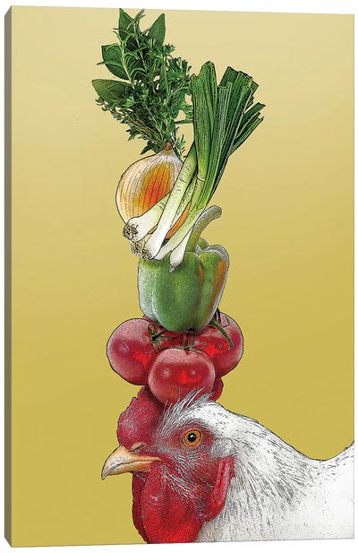 White Hen With Vegetables On Head Canvas Art Print