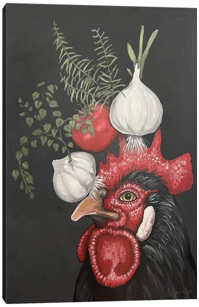 Black Rooster With Garlic, Onion, Tomato, Rosemary, And Oregano Canvas Art Print - Eric Fausnacht 