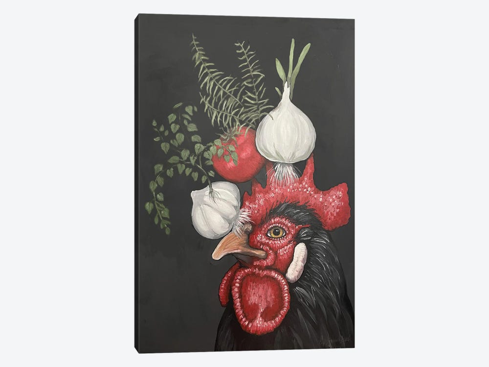 Black Rooster With Garlic, Onion, Tomato, Rosemary, And Oregano by Eric Fausnacht 1-piece Canvas Art Print
