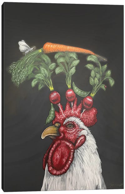 White Rooster With Peas, Radish, And Carrot Canvas Art Print - Eric Fausnacht 