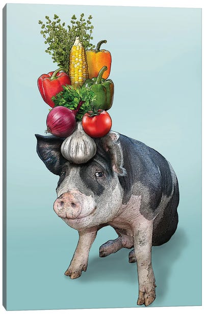 Pig With Vegetables On Head I Canvas Art Print - Corn Art