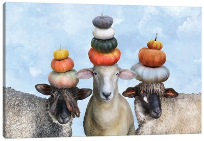 Three Sheep And Pumpkin Stacks II Canvas Art Print - Eric Fausnacht 