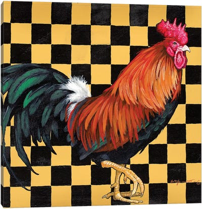 Rooster On Checkerboard Canvas Art Print - Chicken & Rooster Art