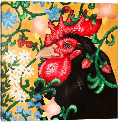 Black Rooster Facing Left With Cruel Work Canvas Art Print - Eric Fausnacht 