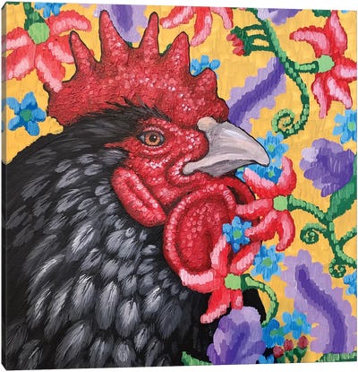 Black Rooster With Cruel Pattern Canvas Art Print - Chicken & Rooster Art