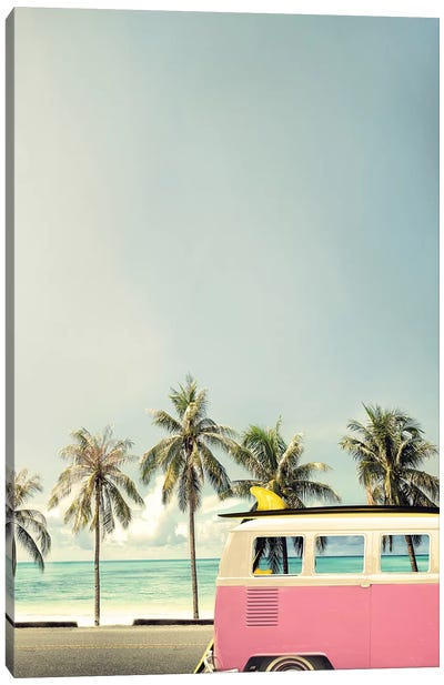 Surf Bus Pink Canvas Art Print - By Land