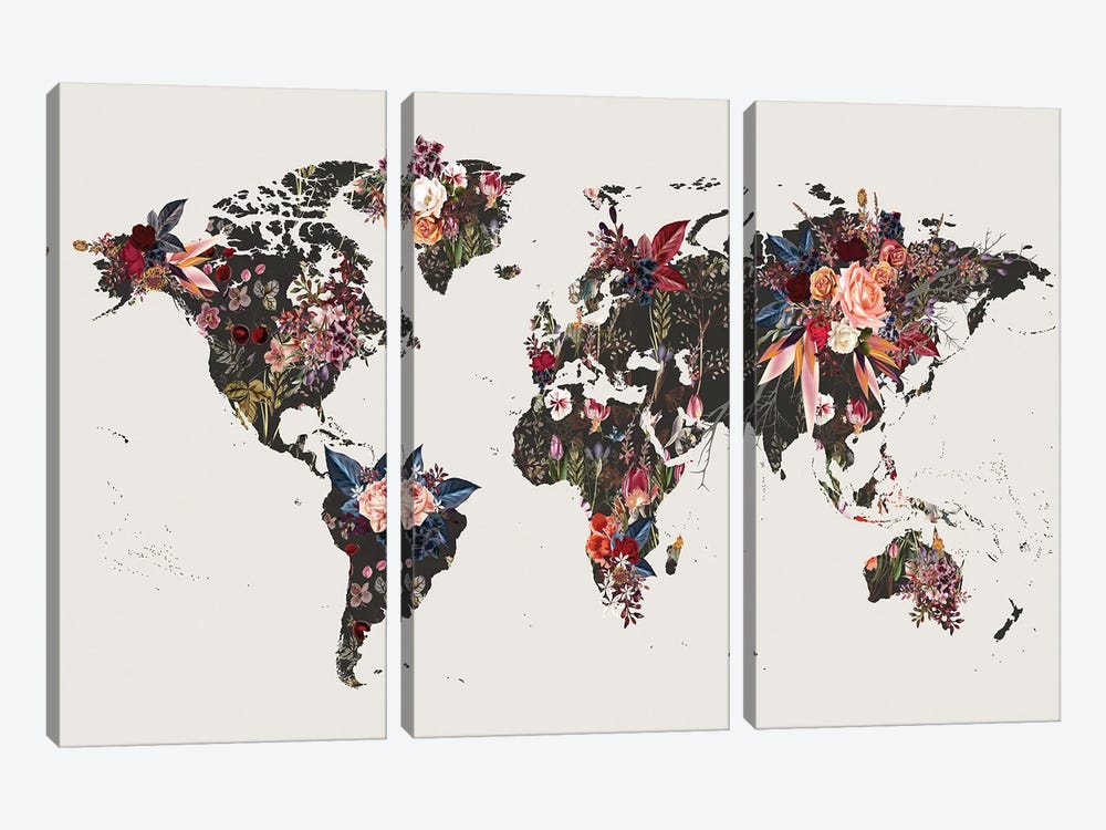 Flowered World Map I by Design Fabrikken 3-piece Canvas Artwork