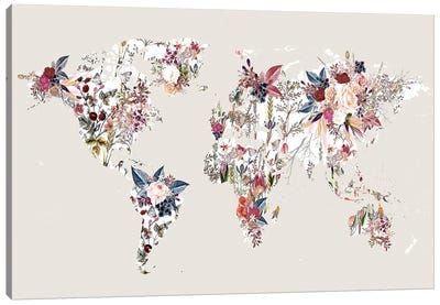 Flowered World Map II Canvas Art Print - Design Fabrikken