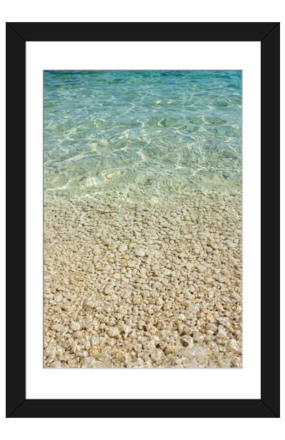 Aqua Blue Ocean And Golden Pebbles Paper Art Print - Beach Art