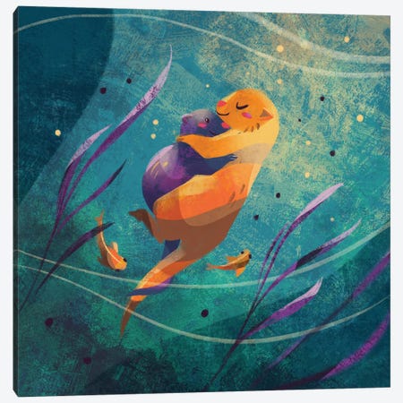 Warm Hugs - Otters Canvas Print #FFE63} by Ffion Evans Canvas Artwork