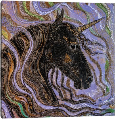 Black Unicorn Canvas Art Print - Gold & Pink Art