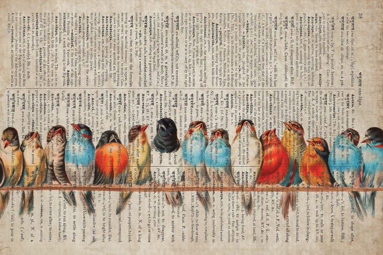 Birds In A Row On Old Dictionary Page