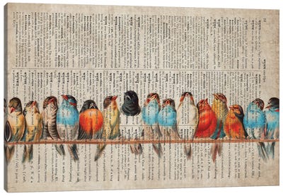 Birds In A Row On Old Dictionary Page Canvas Art Print