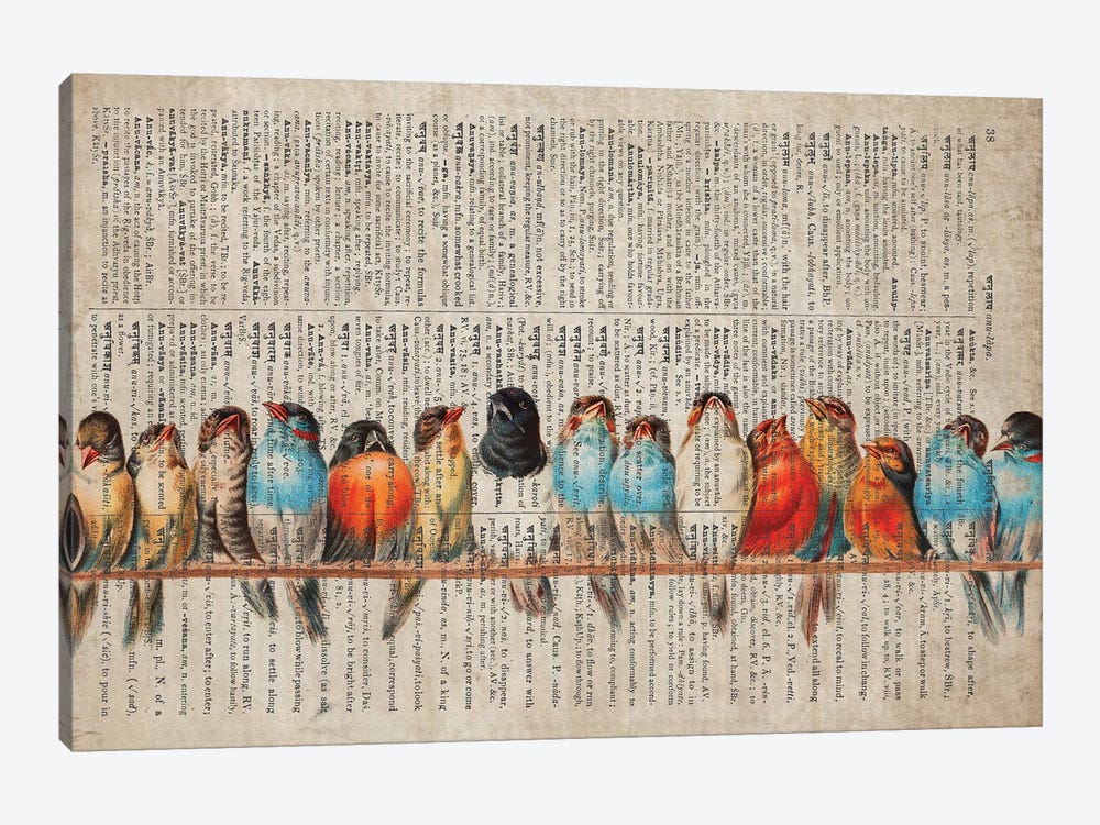 Birds In A Row On Old Dictionary Page by FisherCraft 1-piece Canvas Art