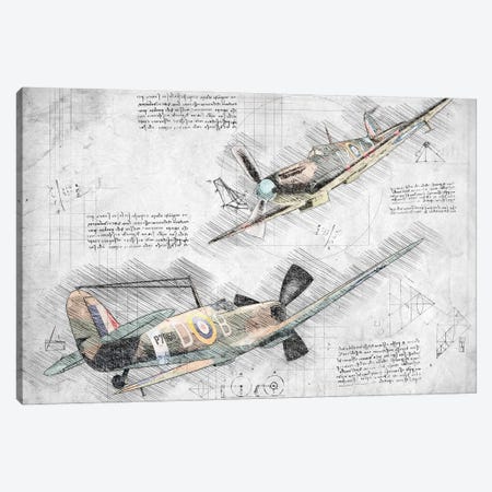Black And White With Colour Raf Spitfire Air Force Aviation Plane Canvas Print #FHC11} by FisherCraft Canvas Art