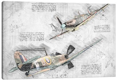 Black And White With Colour Raf Spitfire Air Force Aviation Plane Canvas Art Print - Aviation Blueprints