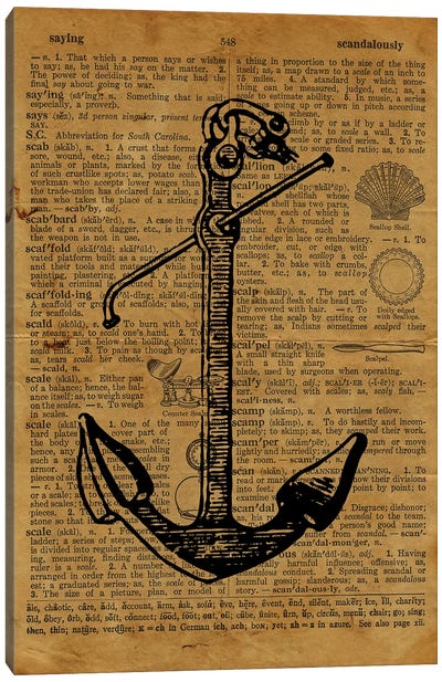 Anchor Etching On Old Paper Canvas Art Print - Cottagecore Goes Coastal